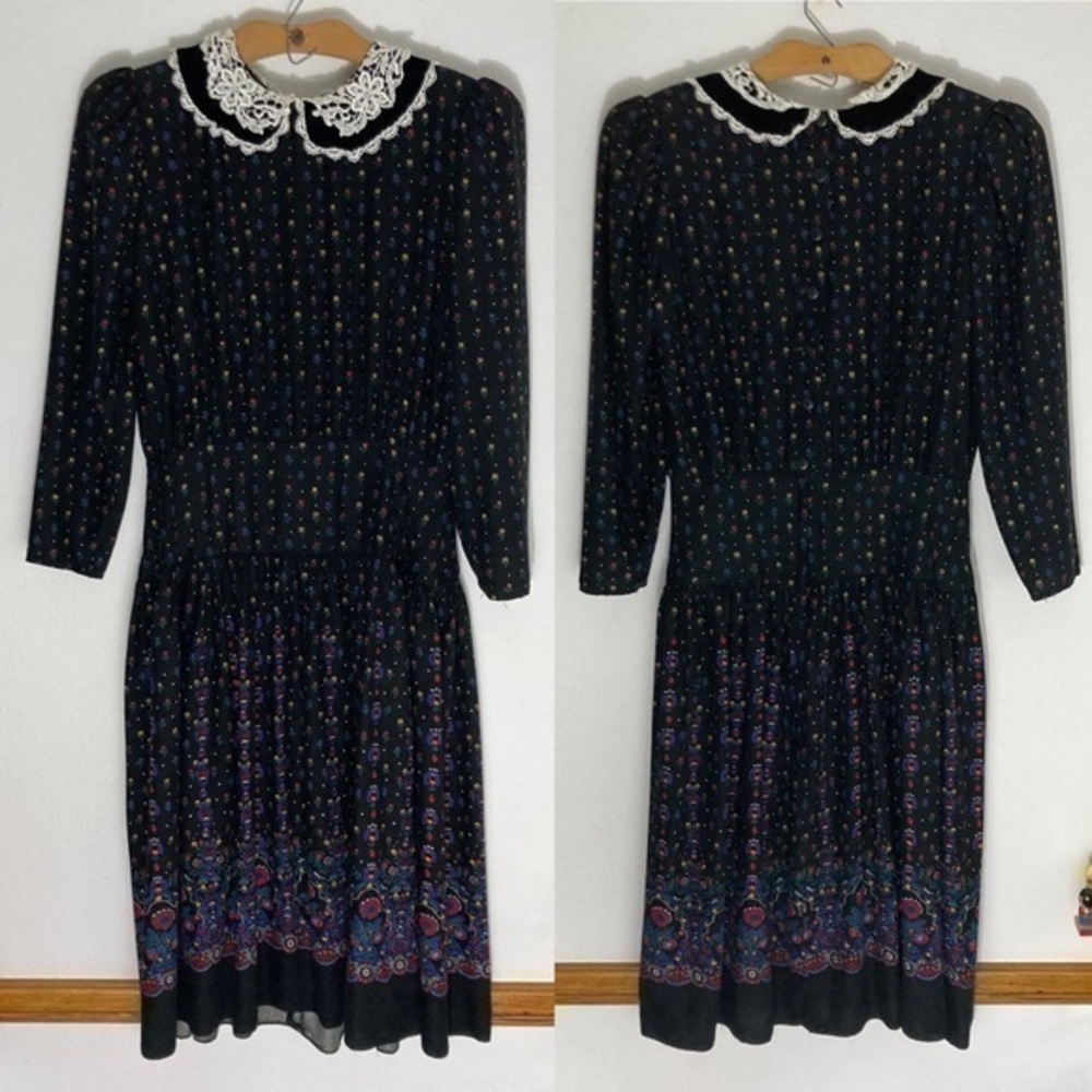 Vintage Gunne Sax black floral midi dress